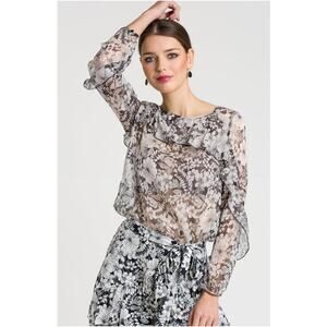 NWT NAF NAF Black White Floral Sheer Blouse Ruffle Long Sleeve Womens 38 / Small
